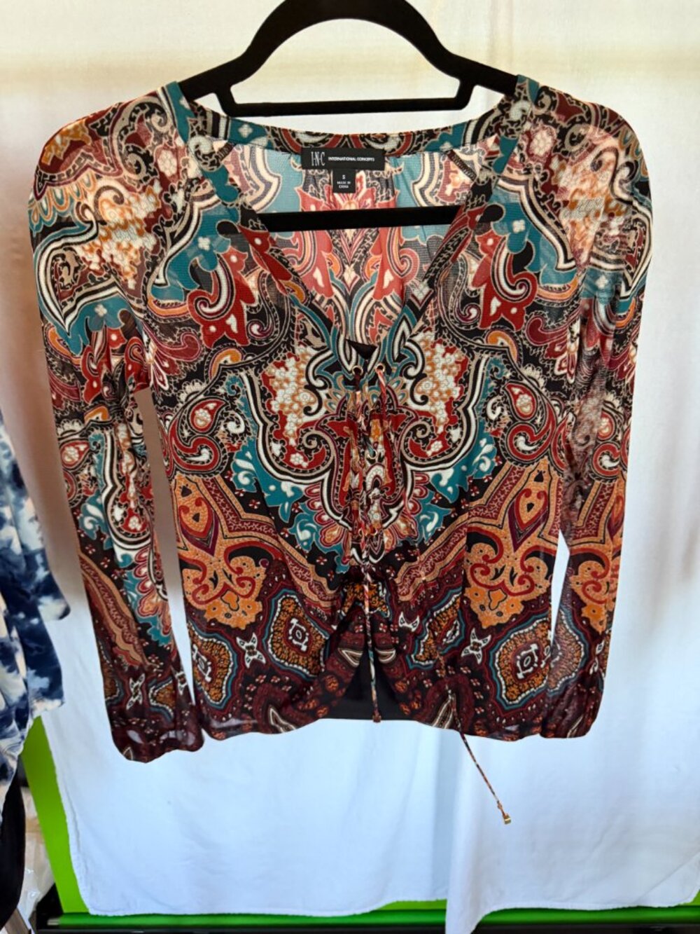 INC International Concepts Sheer Paisley Lace Up V-Neck Blouse S